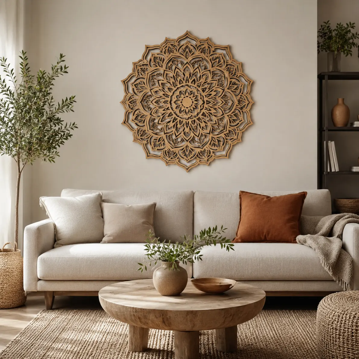 Mandala de madeira em sala de estar clara
